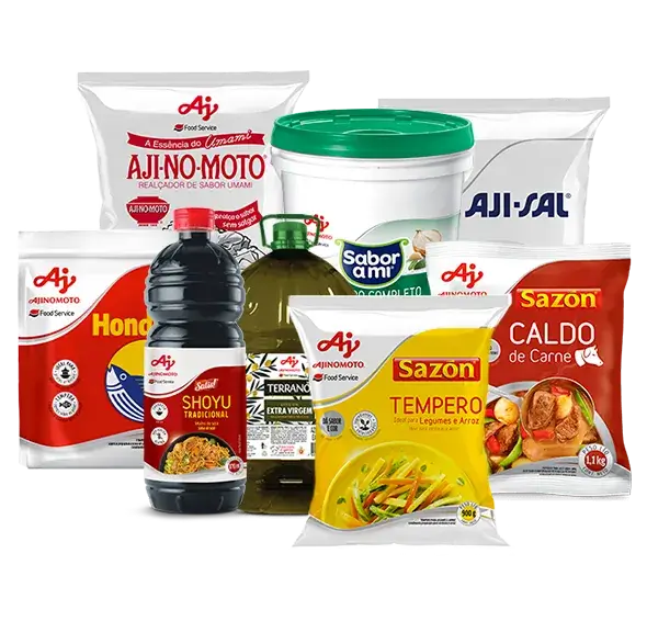 Embalagens representando cada uma das marcas da Ajinomoto