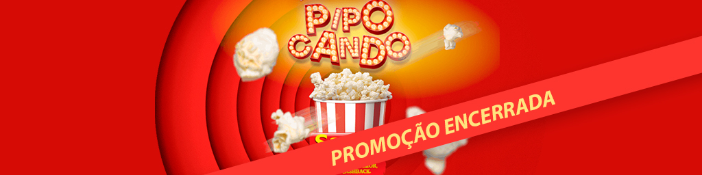 Imagem de um balde de pipoca, ao fundo há um letreiro na parte superior contendo a palavra: "Pipocando", e também há uma faixa na frente do balde com o alerta: "Promoção Encerrada"