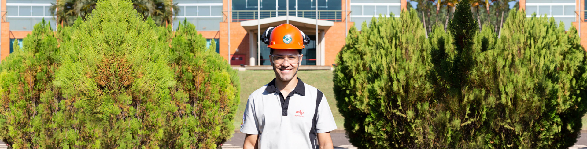 Imagem de um trabalhador vestindo uma camiseta com o logo da Ajinomoto e um capacete laranja em frente a um prédio
