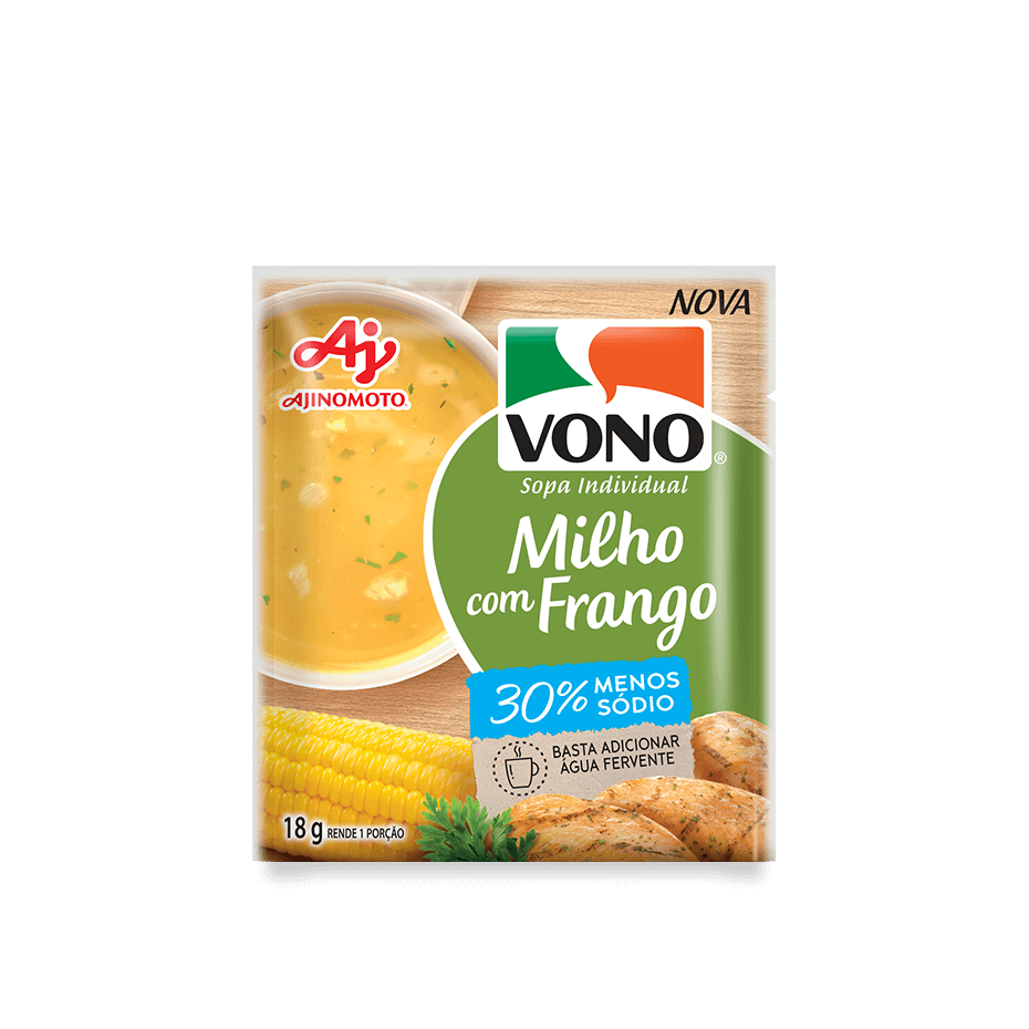 embalagem de VONO Milho com Frango menos sódio