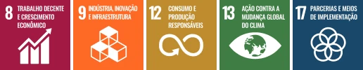 ODS números 8, 9, 12, 13 e 17 - Trabalho decente e crescimento econômico; Indústria, inovação e infraestrutura; Consumo e produção responsáveis; Ação contra a mudança global do clima; Parcerias e meios de implementação