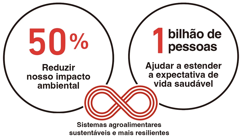Dois círculos com as metas de sustentabilidade da Ajinomoto de reduzir o impacto ambiental e estender a expectativa de vida saudável