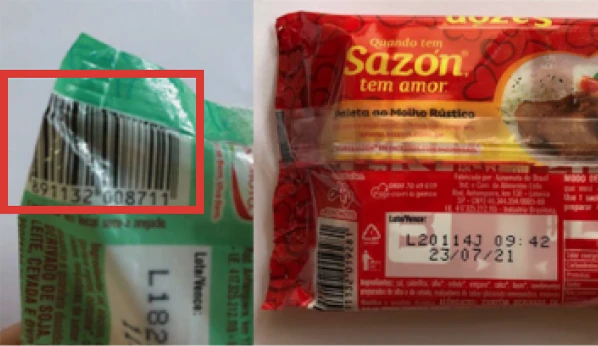 Embalagens antigas de produtos Ajinomoto e a localização dos códigos de barras